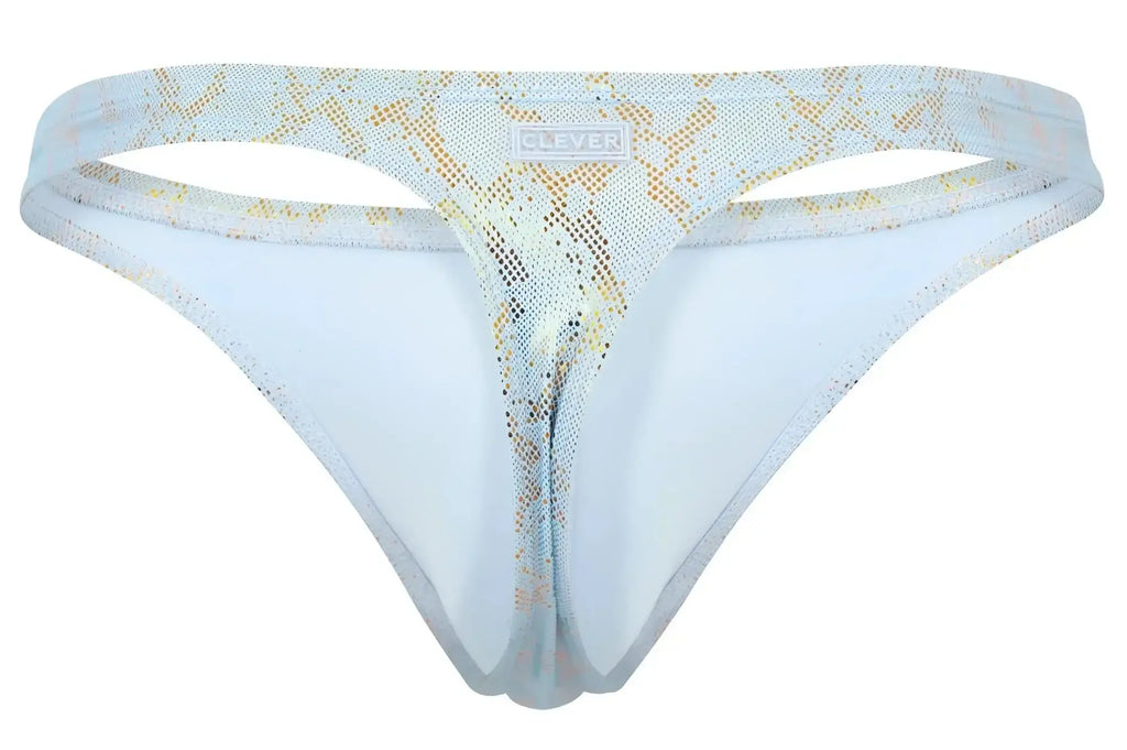 Light blue and gold snake-print thong with sheer mesh and clever brand label on waistband from clever 2063 diamond thongs