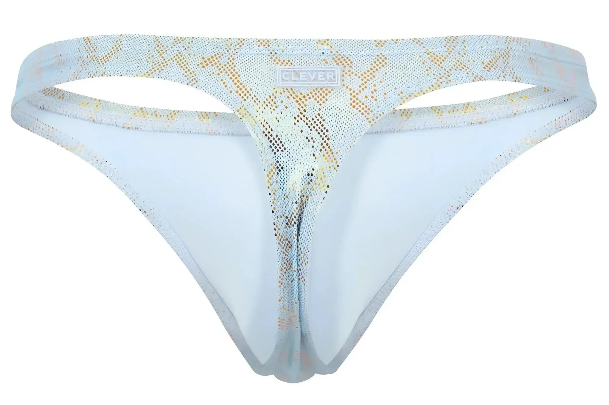 Light blue and gold snake-print thong with sheer mesh and clever brand label on waistband from clever 2063 diamond thongs