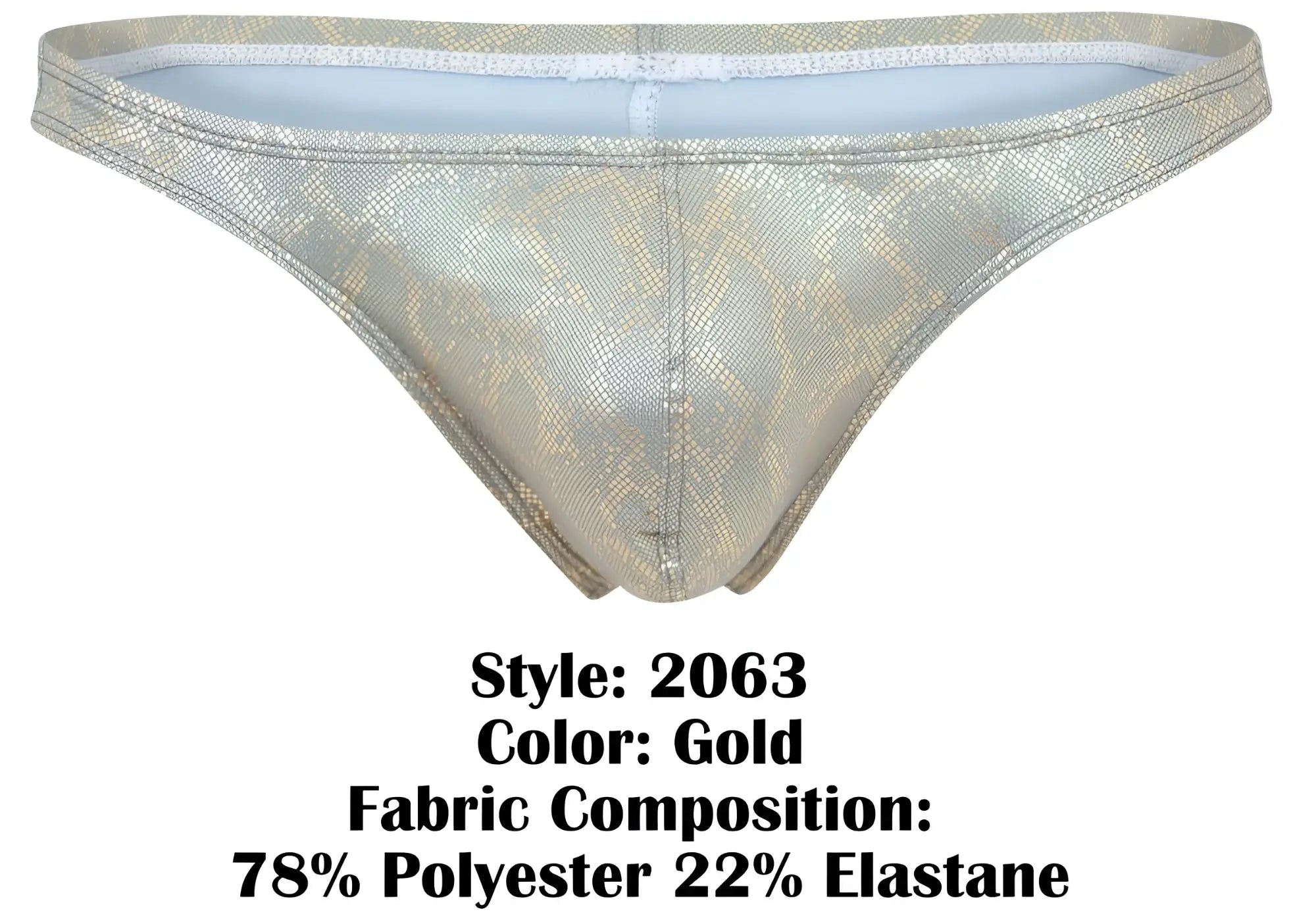Gold-colored clever 2063 diamond thong with shiny snakeskin-patterned polyester and elastane fabric