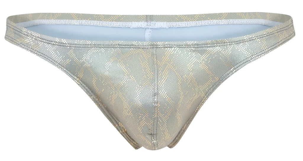 Shiny metallic gold snake-skin patterned clever 2063 diamond thong with white lace trim and light blue lining