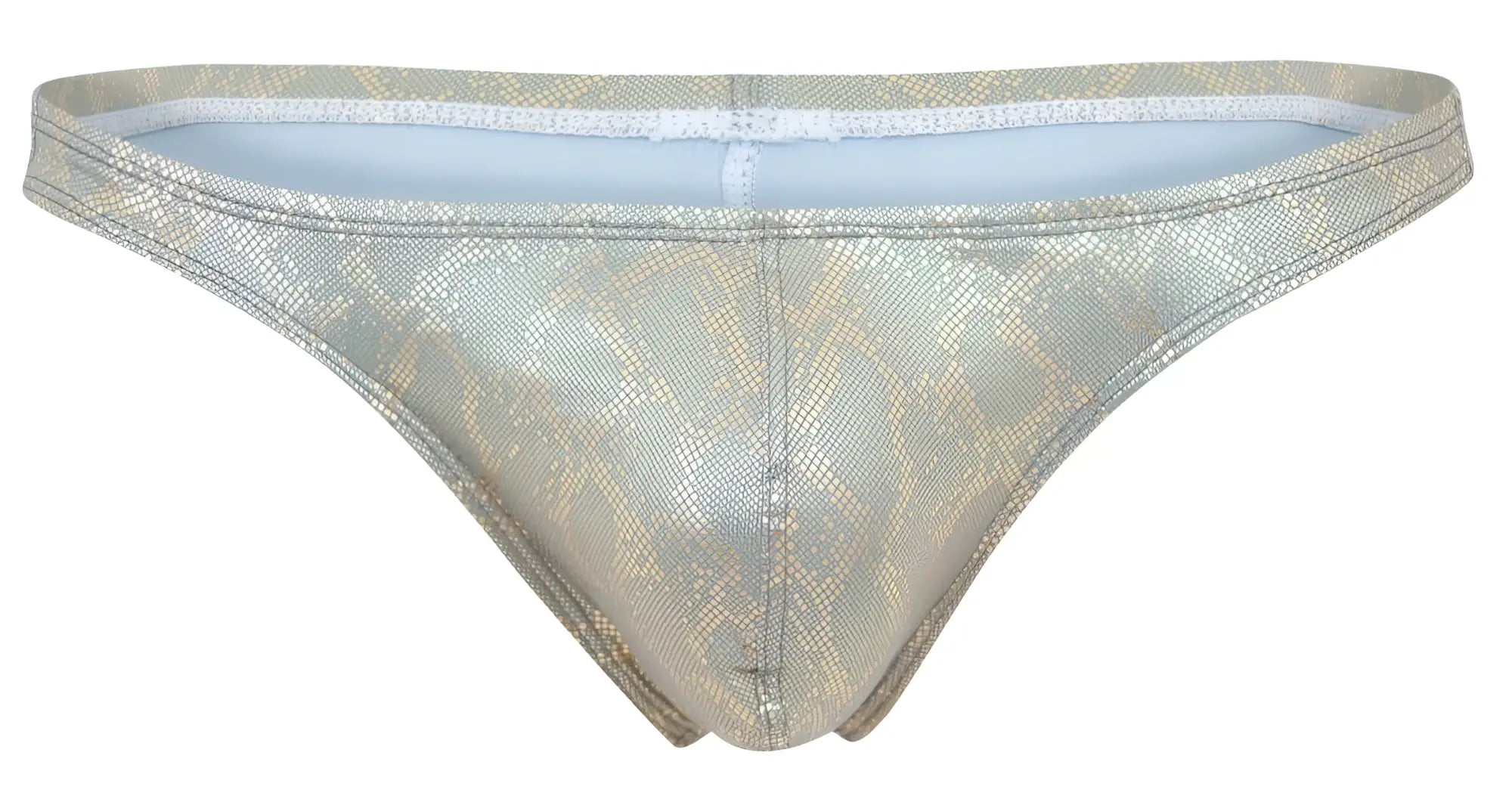 Shiny metallic gold snake-skin patterned clever 2063 diamond thong with white lace trim and light blue lining