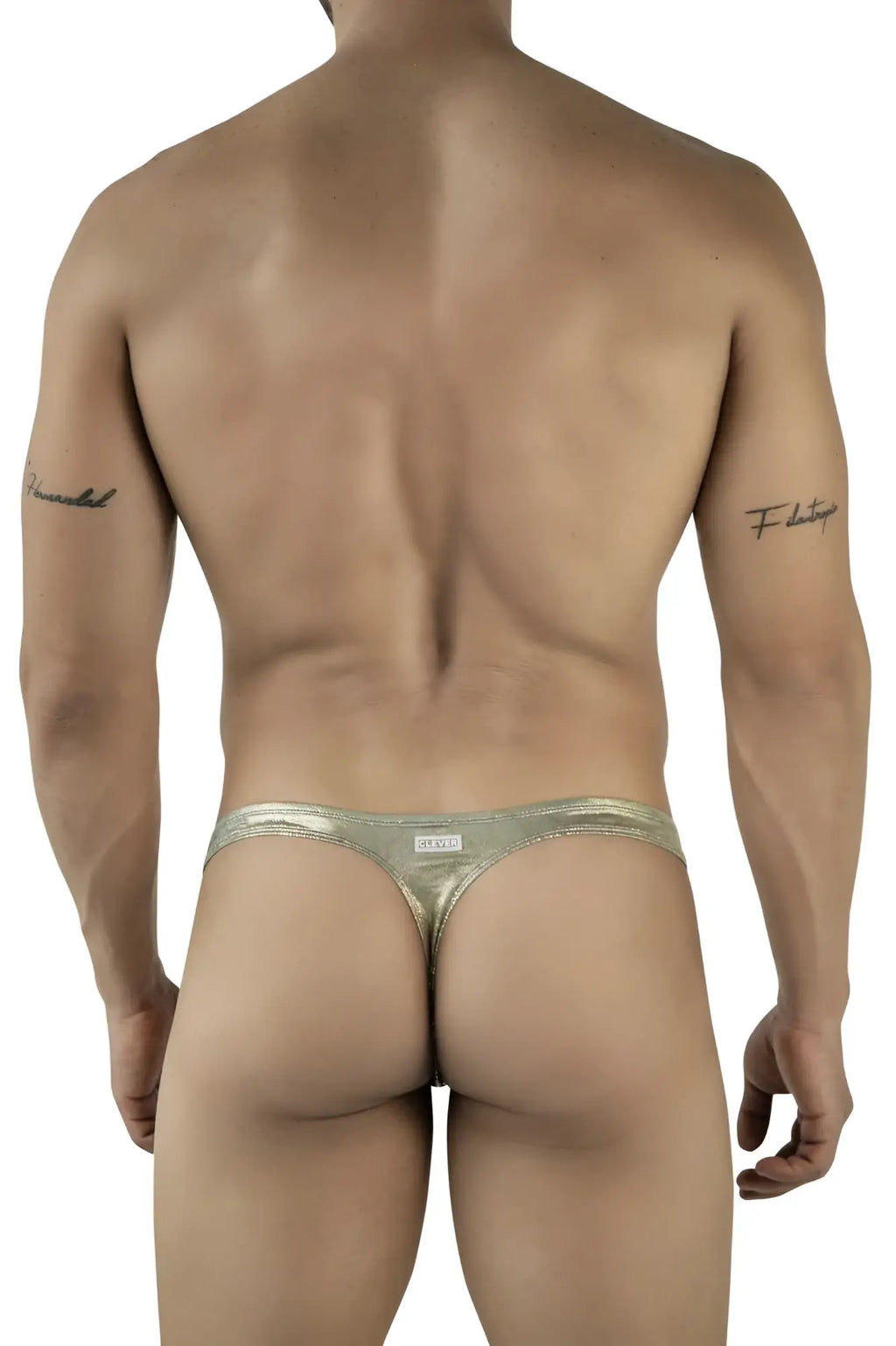 Back view of clever 2063 diamond thong in shiny metallic gold with sleek minimalist design and small brand tag