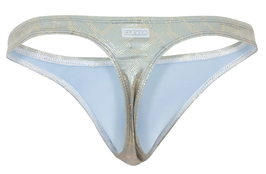 Silver metallic snake-scale patterned thong with light blue lining from clever 2063 diamond thongs gold collection