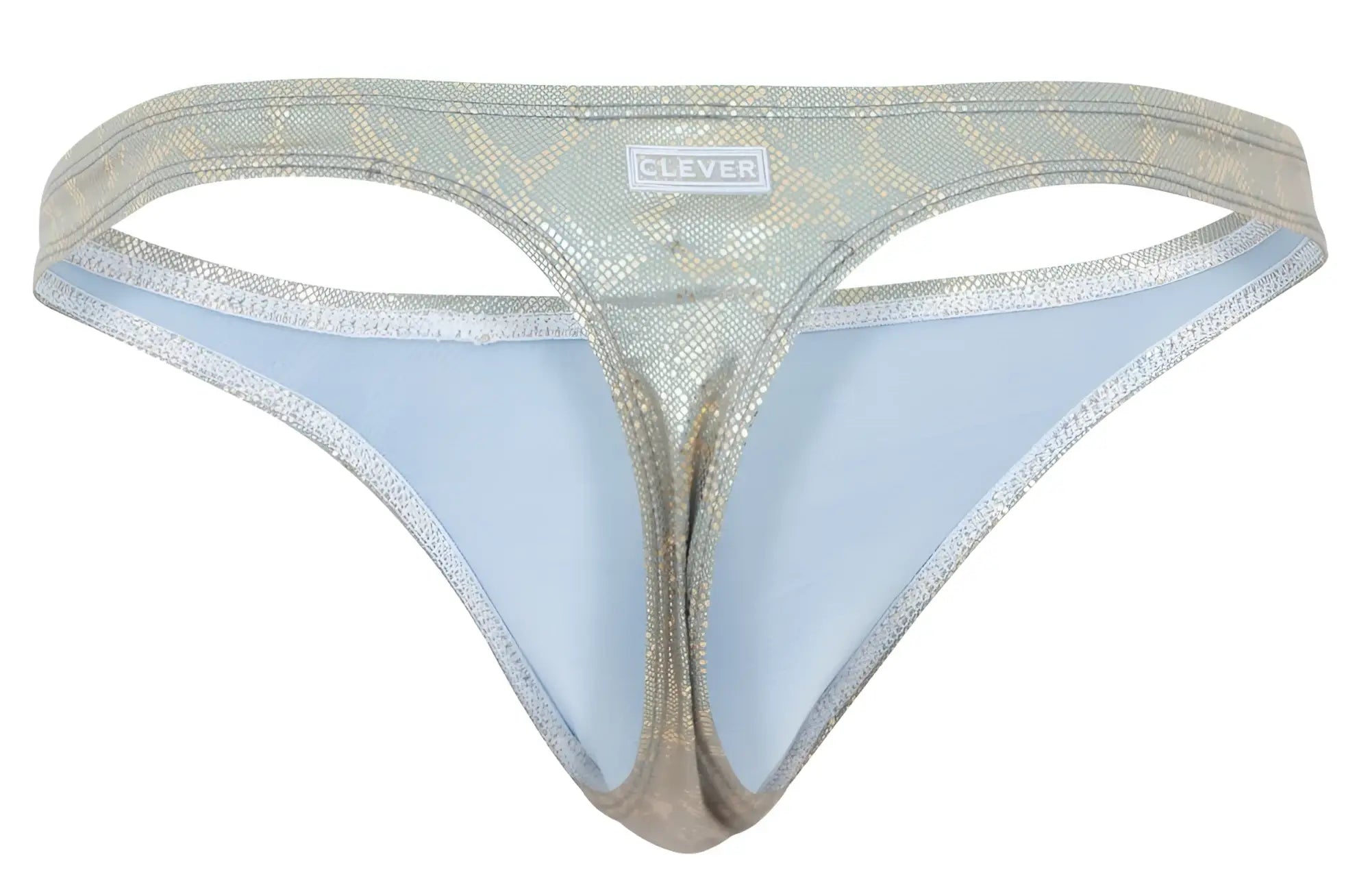 Silver metallic snake-scale patterned thong with light blue lining from clever 2063 diamond thongs gold collection