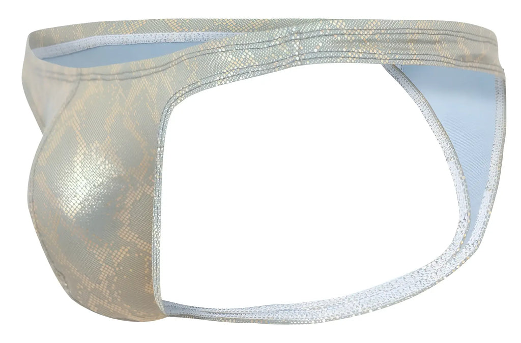 A shimmering silver snake-print clever 2063 diamond thong with light blue interior lining in gold color