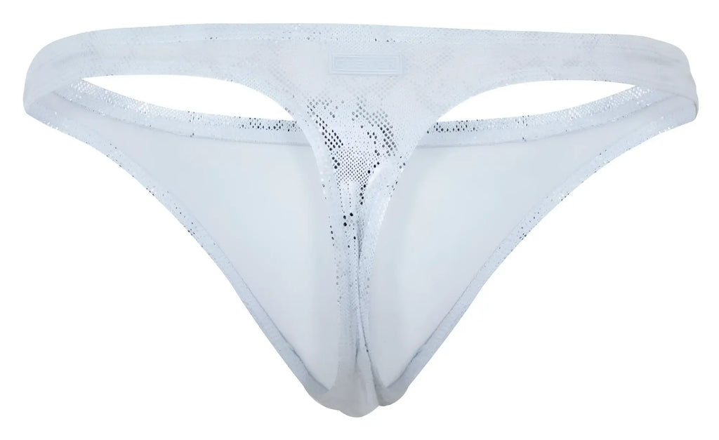 Clever 2063 diamond thong in silver with white lace, silver glitter detailing, and a subtle mesh pattern