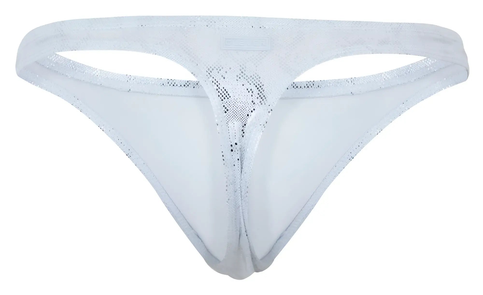 Clever 2063 diamond thong in silver with white lace, silver glitter detailing, and a subtle mesh pattern