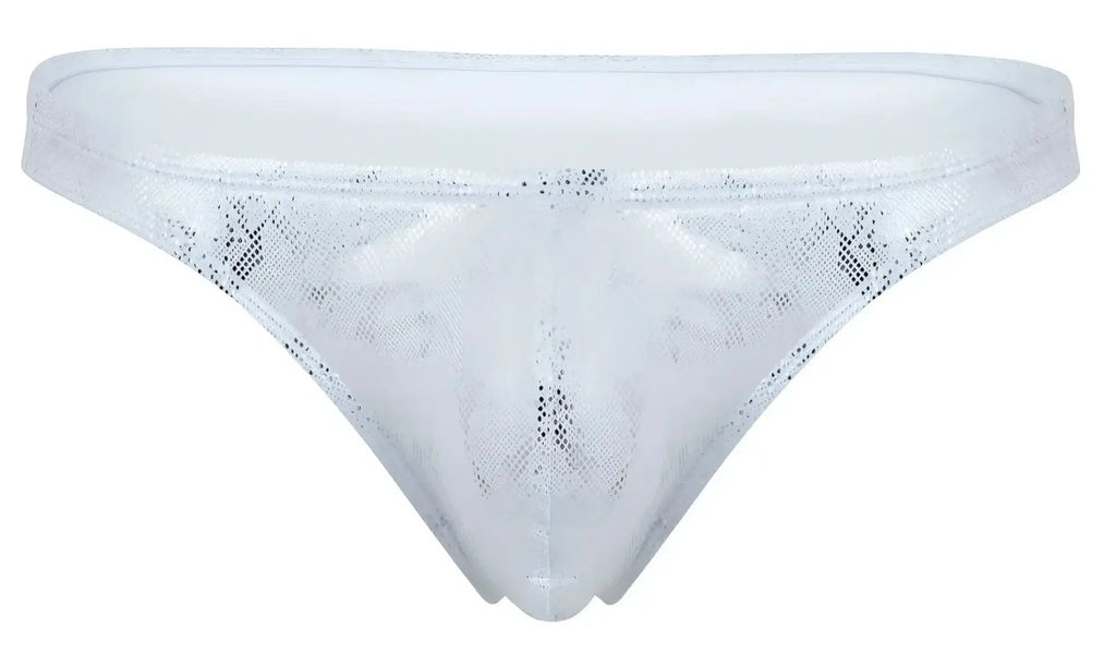 Silver clever 2063 diamond thong with white sequins sheer mesh texture and subtle glittery detailing front view