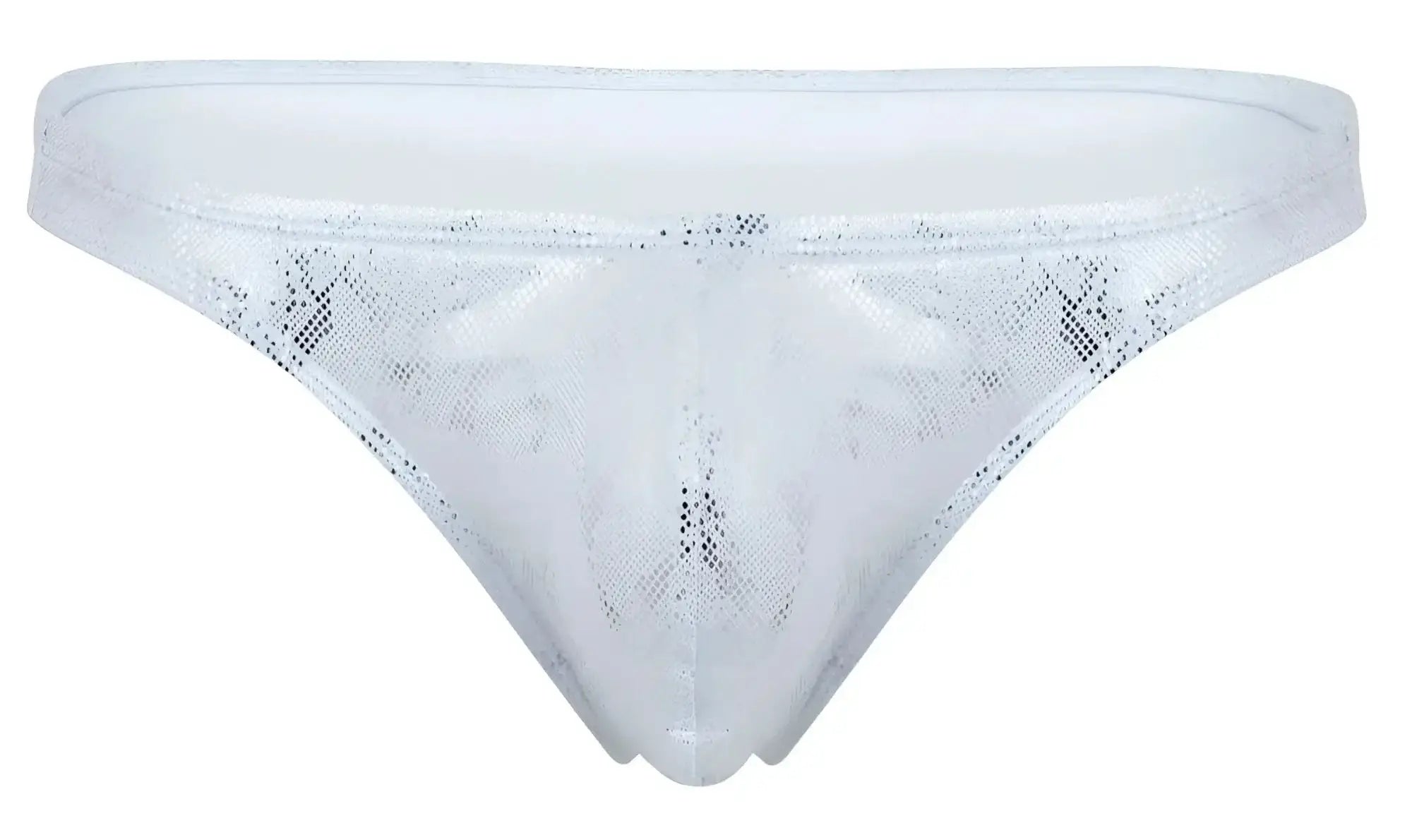 Silver clever 2063 diamond thong with white sequins sheer mesh texture and subtle glittery detailing front view