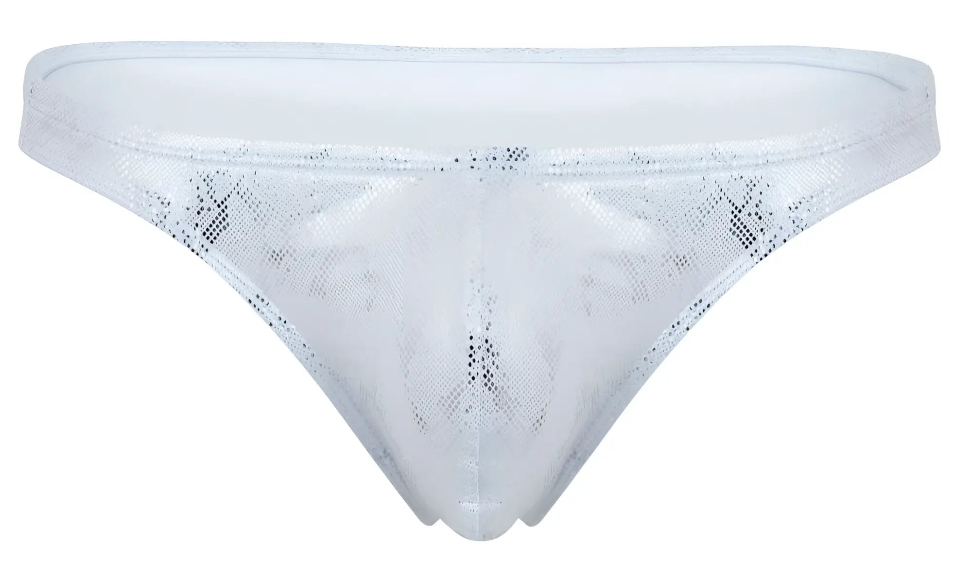 Silver clever 2063 diamond thong with white sequins sheer mesh texture and subtle glittery detailing front view