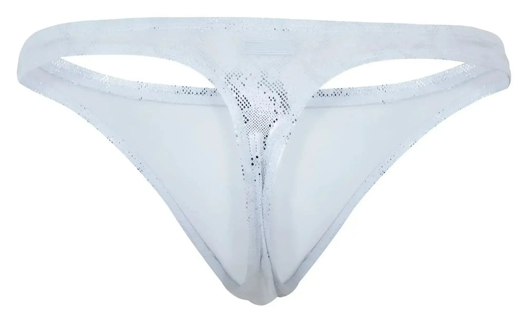 Clever 2063 diamond thong in silver with white lace, silver glitter detailing, and a subtle mesh pattern
