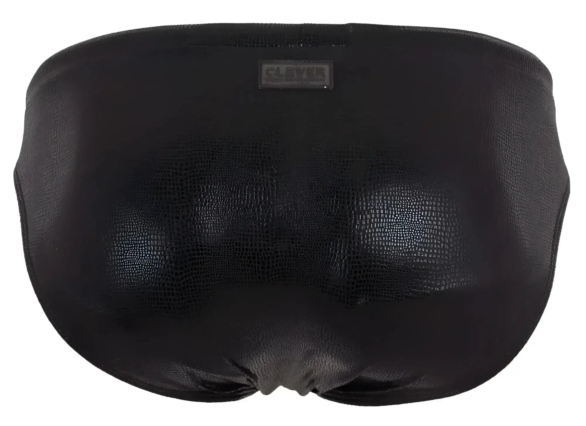 Black clever 2065 gorgona swim briefs in faux leather with subtle crocodile texture and brand tag at waistband