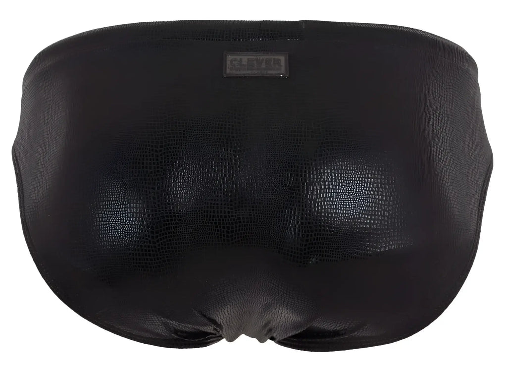 Black clever 2065 gorgona swim briefs in faux leather with subtle crocodile texture and brand tag at waistband