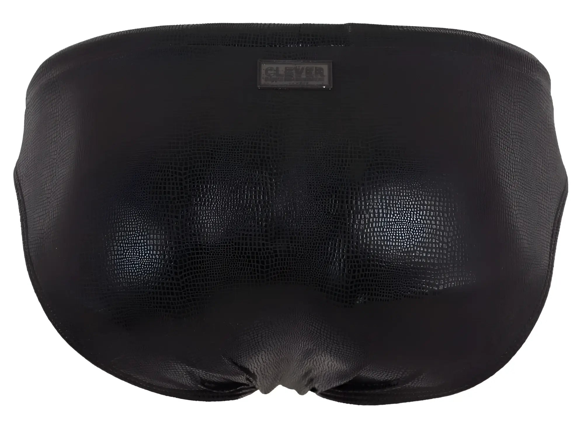 Black clever 2065 gorgona swim briefs in faux leather with subtle crocodile texture and brand tag at waistband
