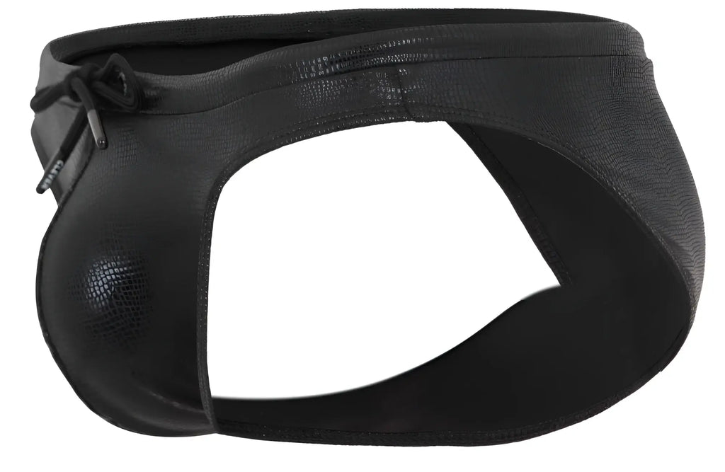 Black clever 2065 gorgona swim briefs made of faux leather with textured glossy finish and adjustable drawstring closure