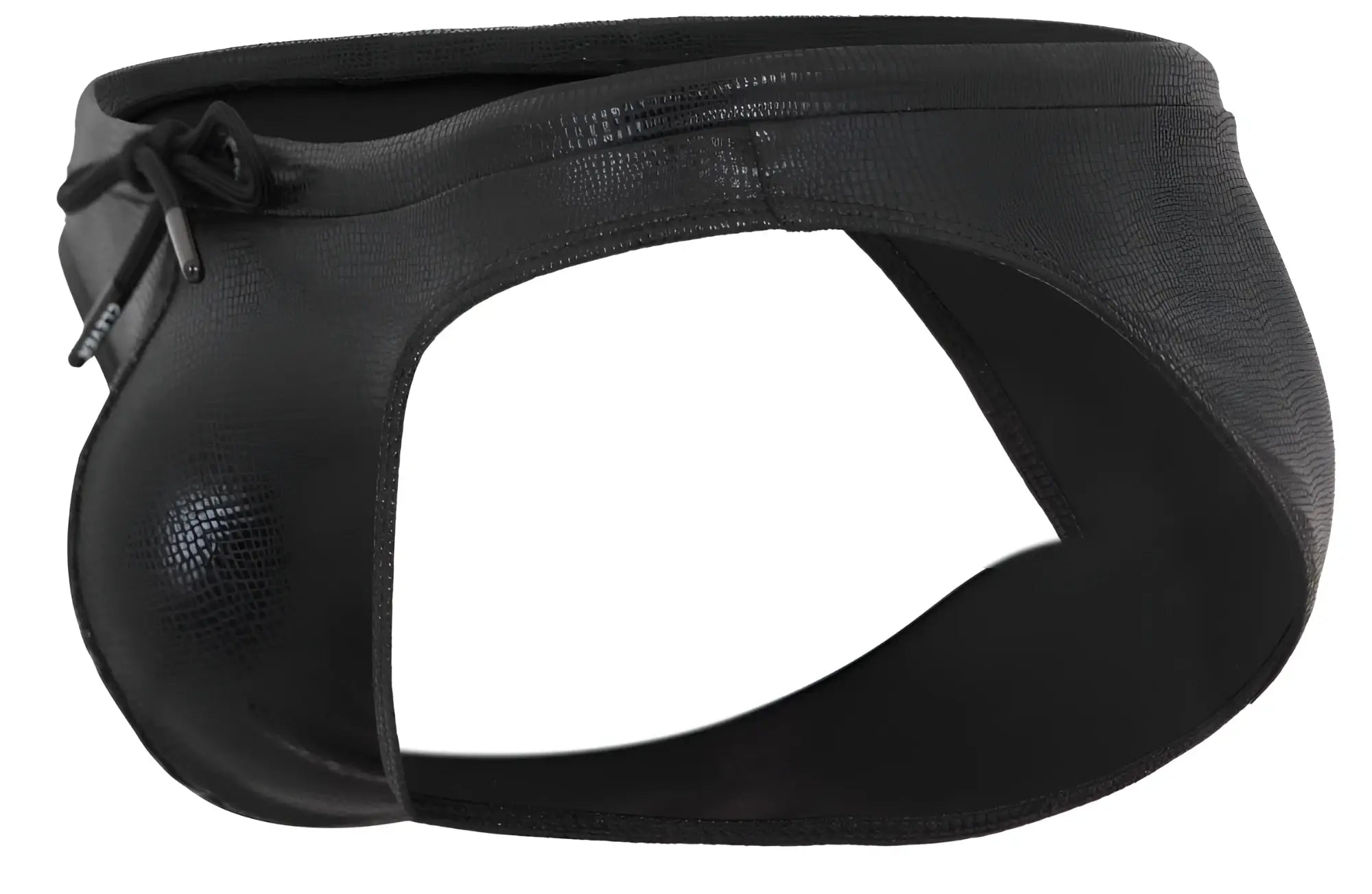 Black clever 2065 gorgona swim briefs made of faux leather with textured glossy finish and adjustable drawstring closure
