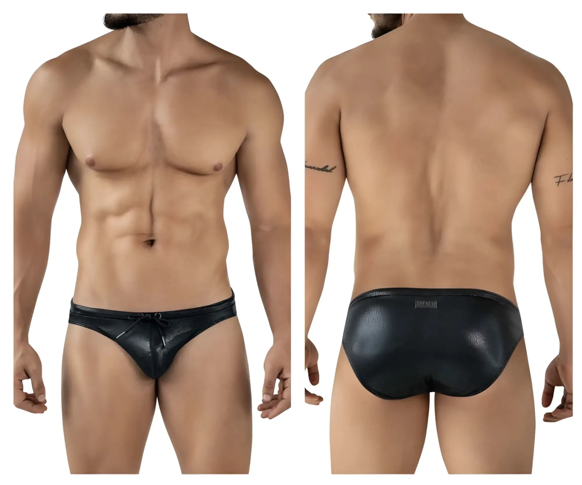Black leather-textured clever 2065 gorgona swim briefs with drawstring waistband for swimwear use