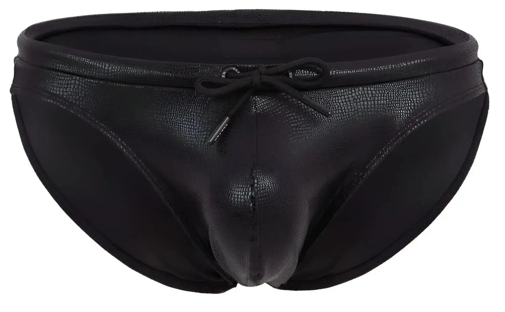Black clever 2065 gorgona swim briefs with textured reptile-skin finish and matching drawstring bow at waist