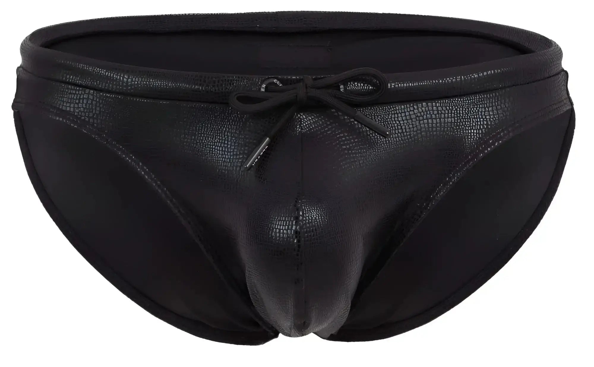 Black clever 2065 gorgona swim briefs with textured reptile-skin finish and matching drawstring bow at waist