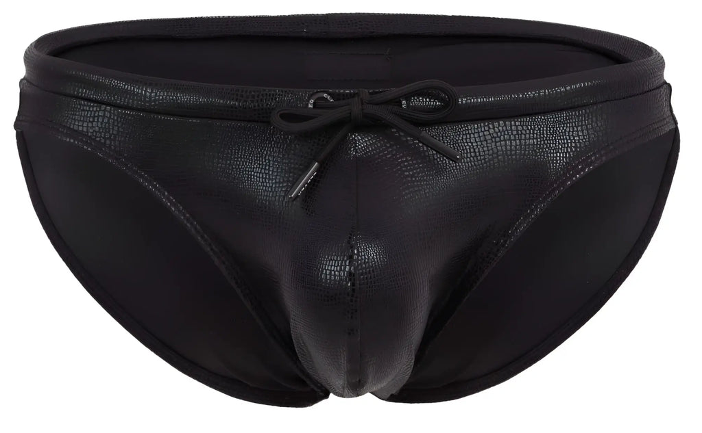 Black clever 2065 gorgona swim briefs with textured reptile-skin finish and matching drawstring bow at waist