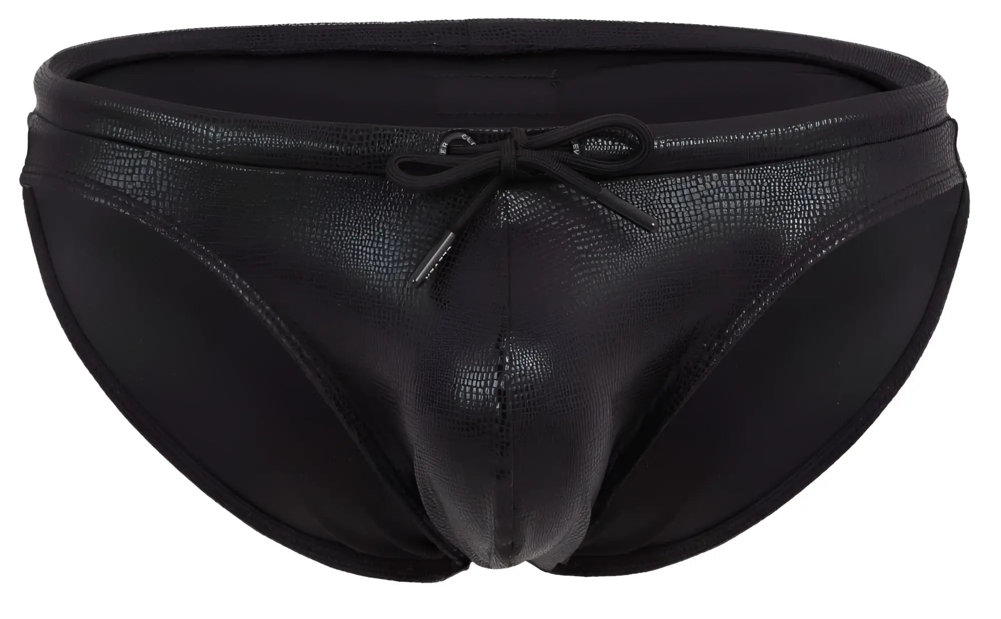 Black clever 2065 gorgona swim briefs with textured reptile-skin finish and matching drawstring bow at waist