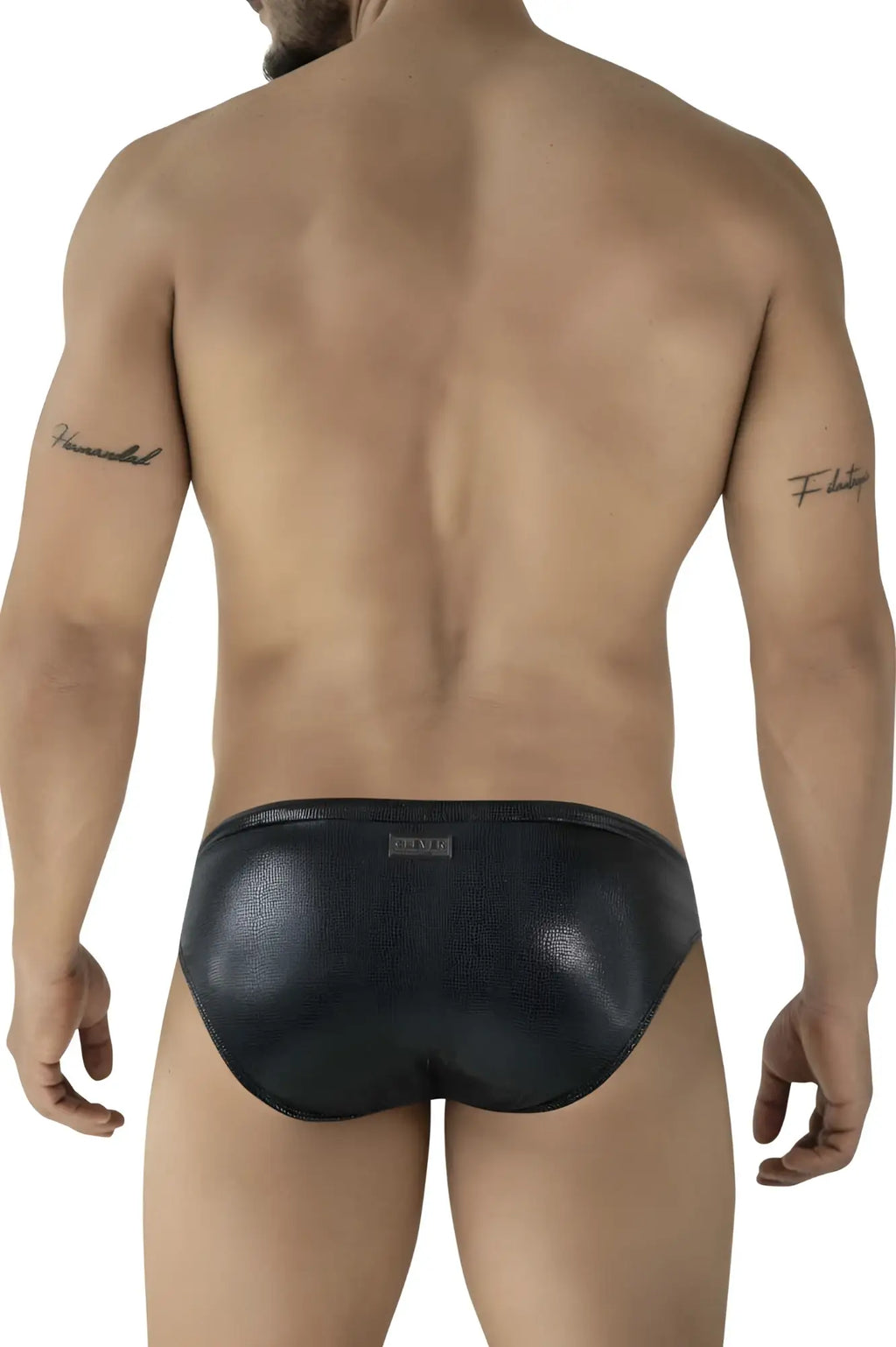 Black clever 2065 gorgona swim briefs in textured leather with subtle sheen and small brand tag at the waistband