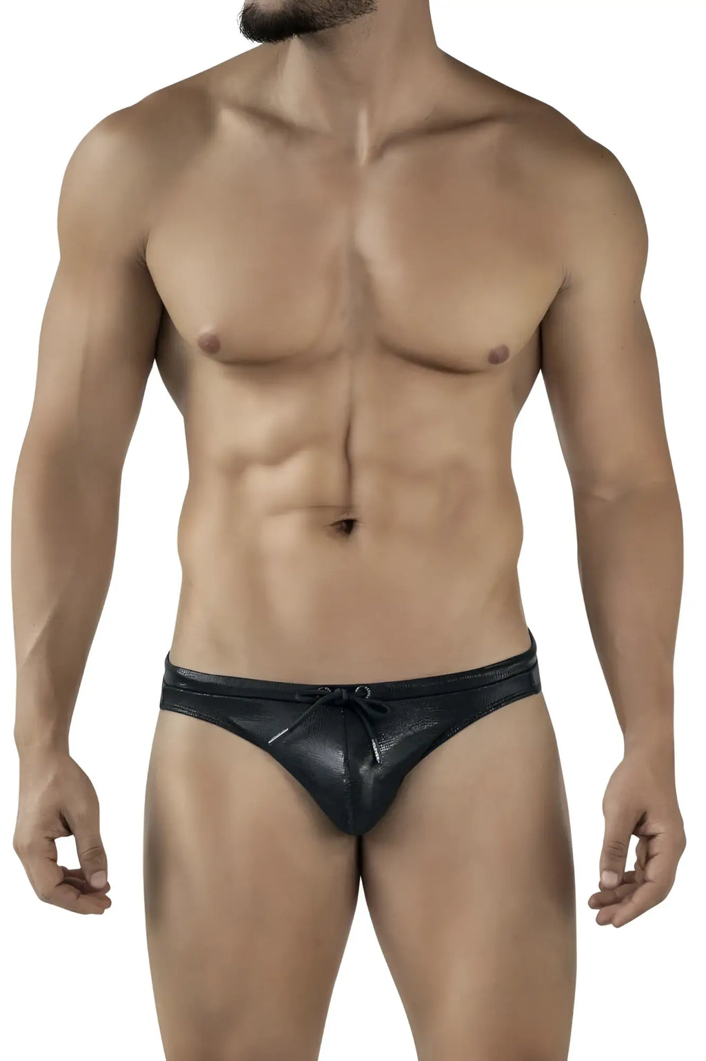 Black textured leather clev­er 2065 gorgona swim briefs with drawstring waistband