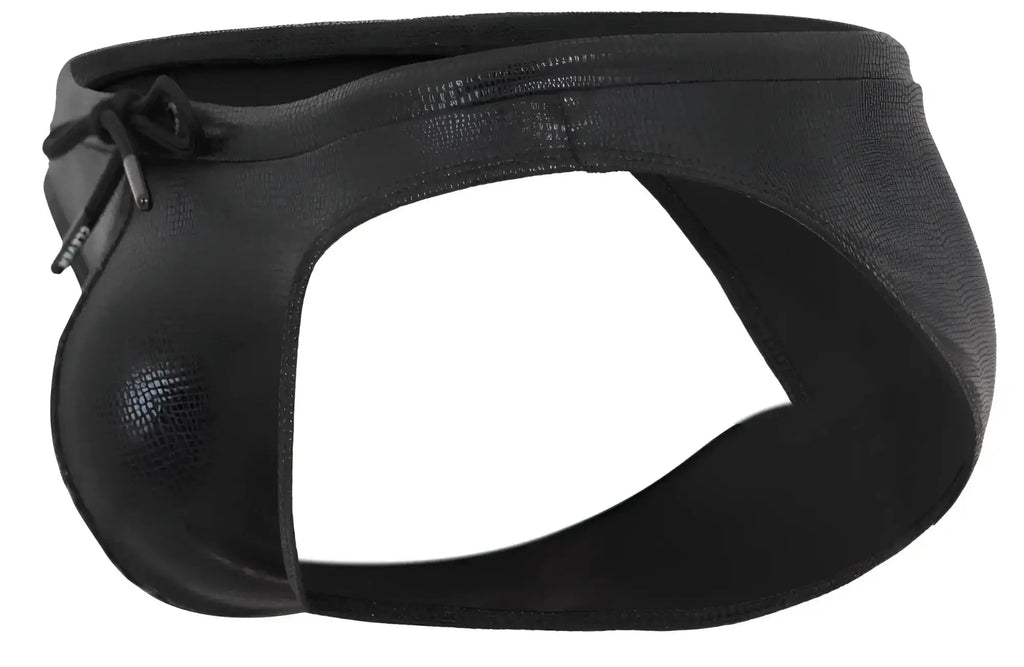 Black clever 2065 gorgona swim briefs made of faux leather with textured glossy finish and adjustable drawstring closure