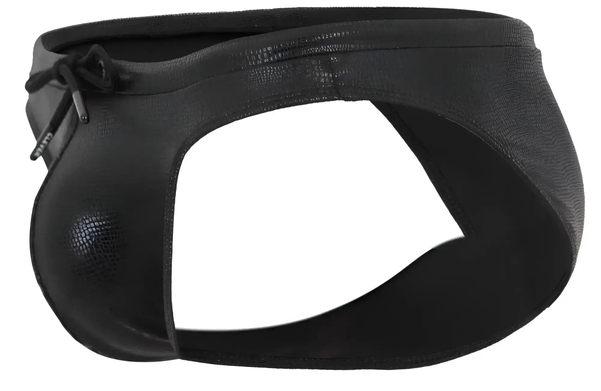 Black clever 2065 gorgona swim briefs made of faux leather with textured glossy finish and adjustable drawstring closure