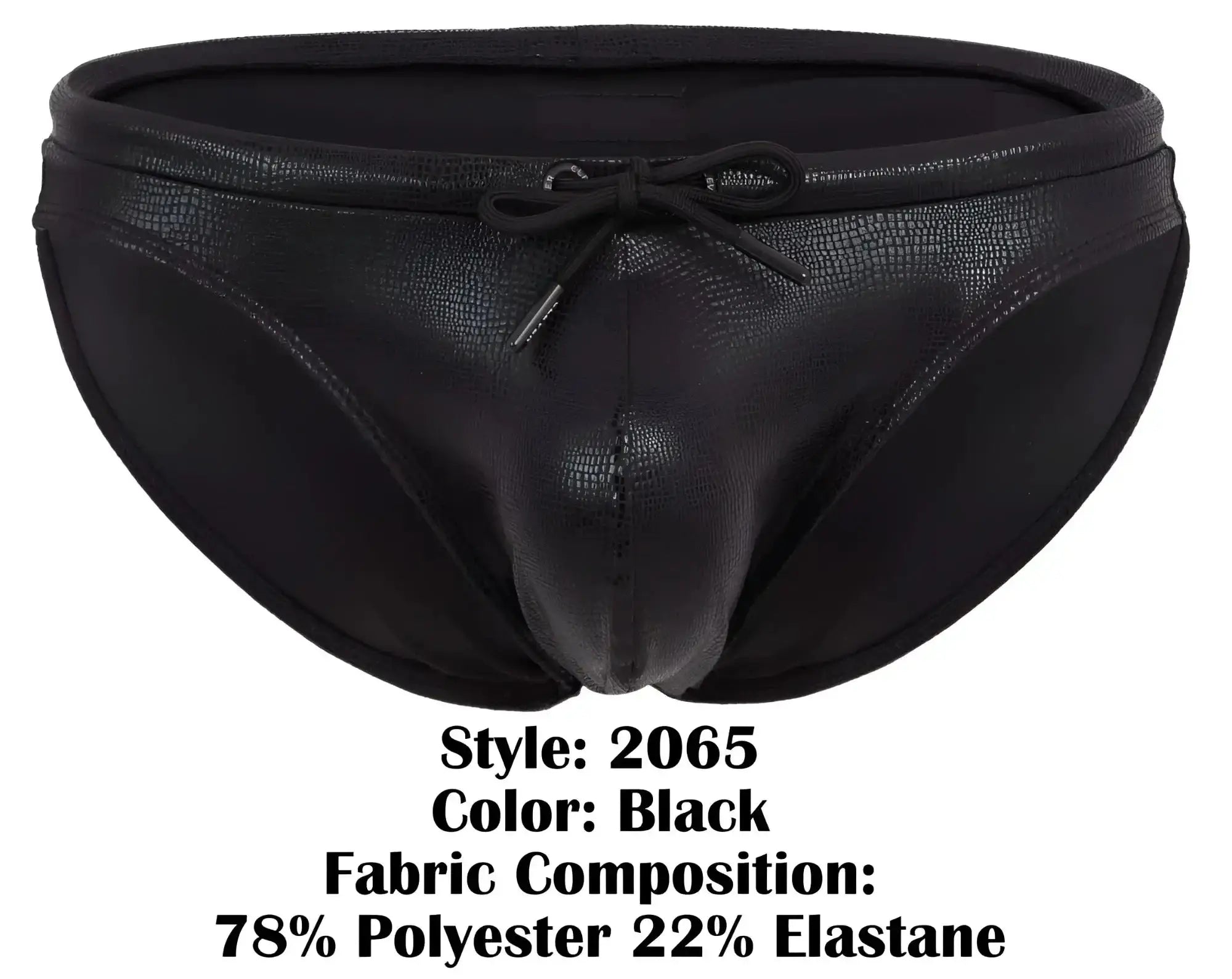 Black clever 2065 gorgona swim briefs with textured faux leather finish and tied bow at the waistband