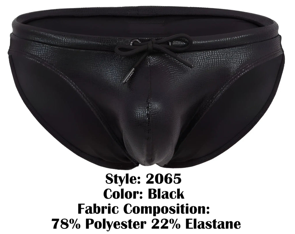 Black clever 2065 gorgona swim briefs with textured faux leather finish and tied bow at the waistband