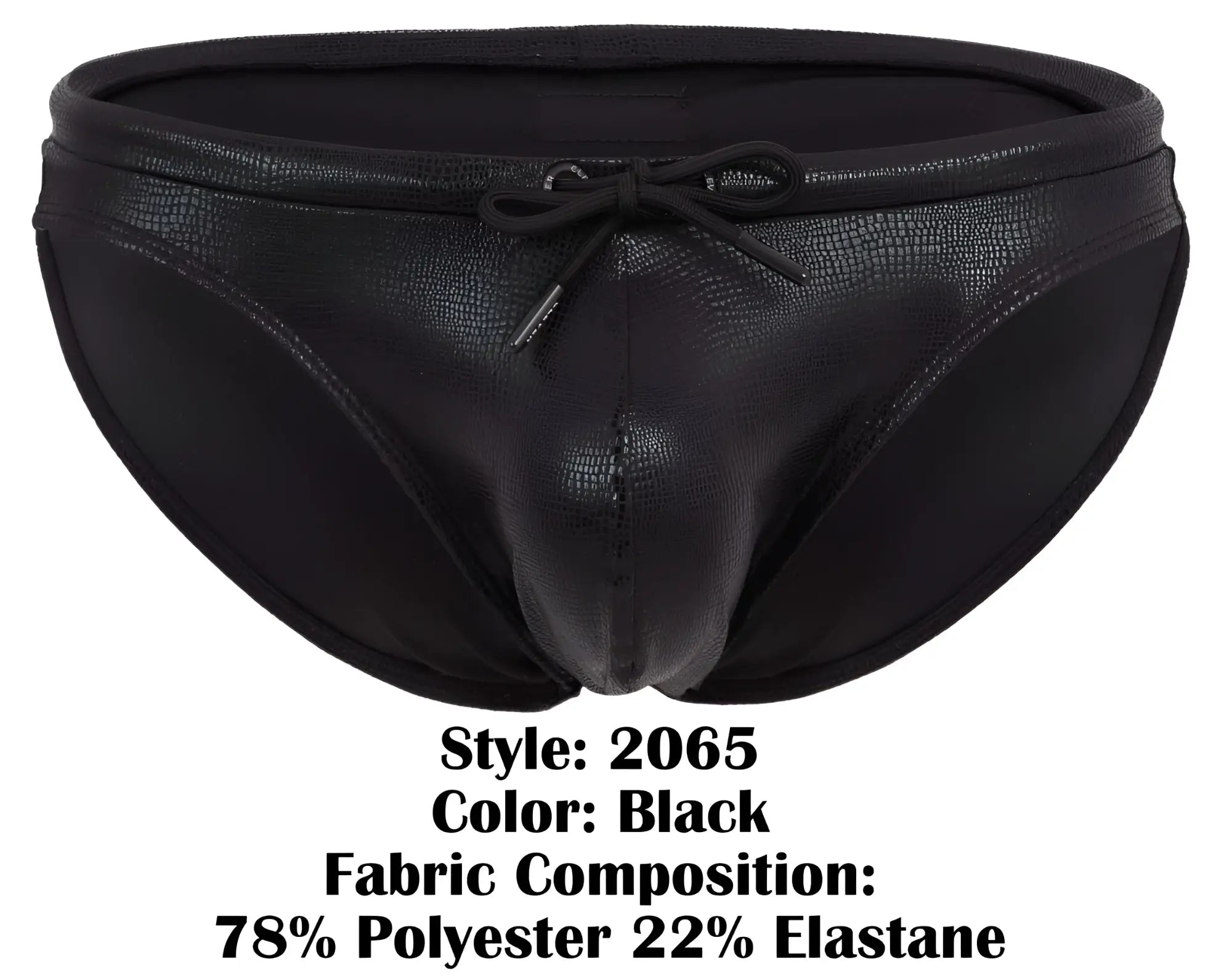 Black clever 2065 gorgona swim briefs with textured faux leather finish and tied bow at the waistband