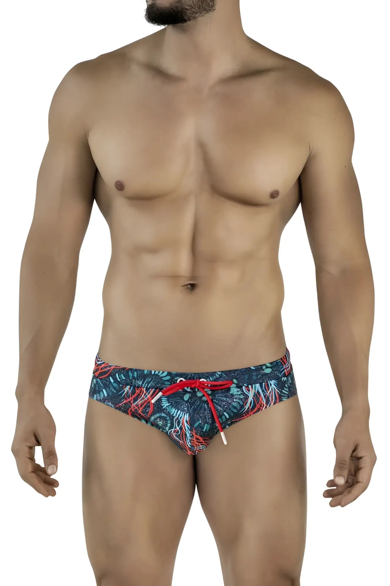 Men’s Clever 2066 Malpelo swim briefs in dark blue with vibrant red and teal tropical leaves and bright red drawstrings