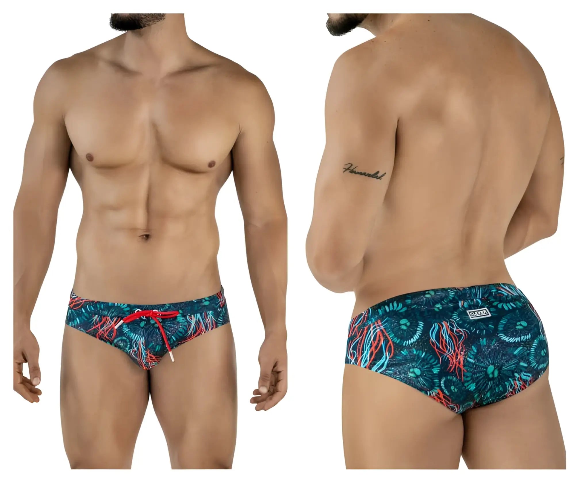 Clever 2066 Malpelo swim briefs in dark blue stretch fabric with vibrant blue and red jellyfish pattern and drawstring waistband