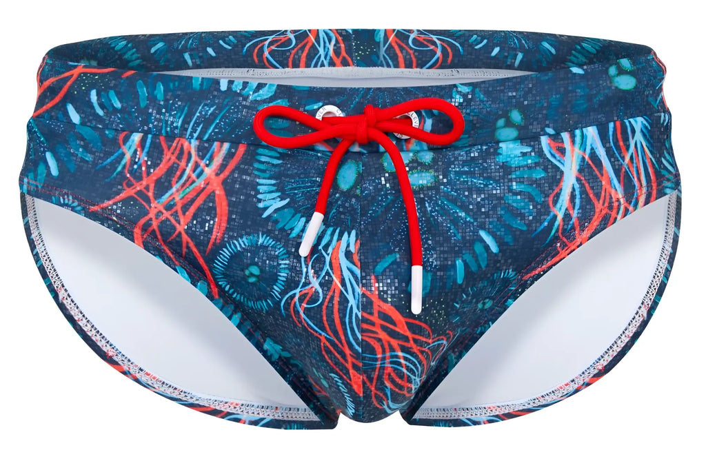 Clever 2066 malpelo swim briefs in dark blue with blue and red jellyfish pattern and bright red drawstring waistband
