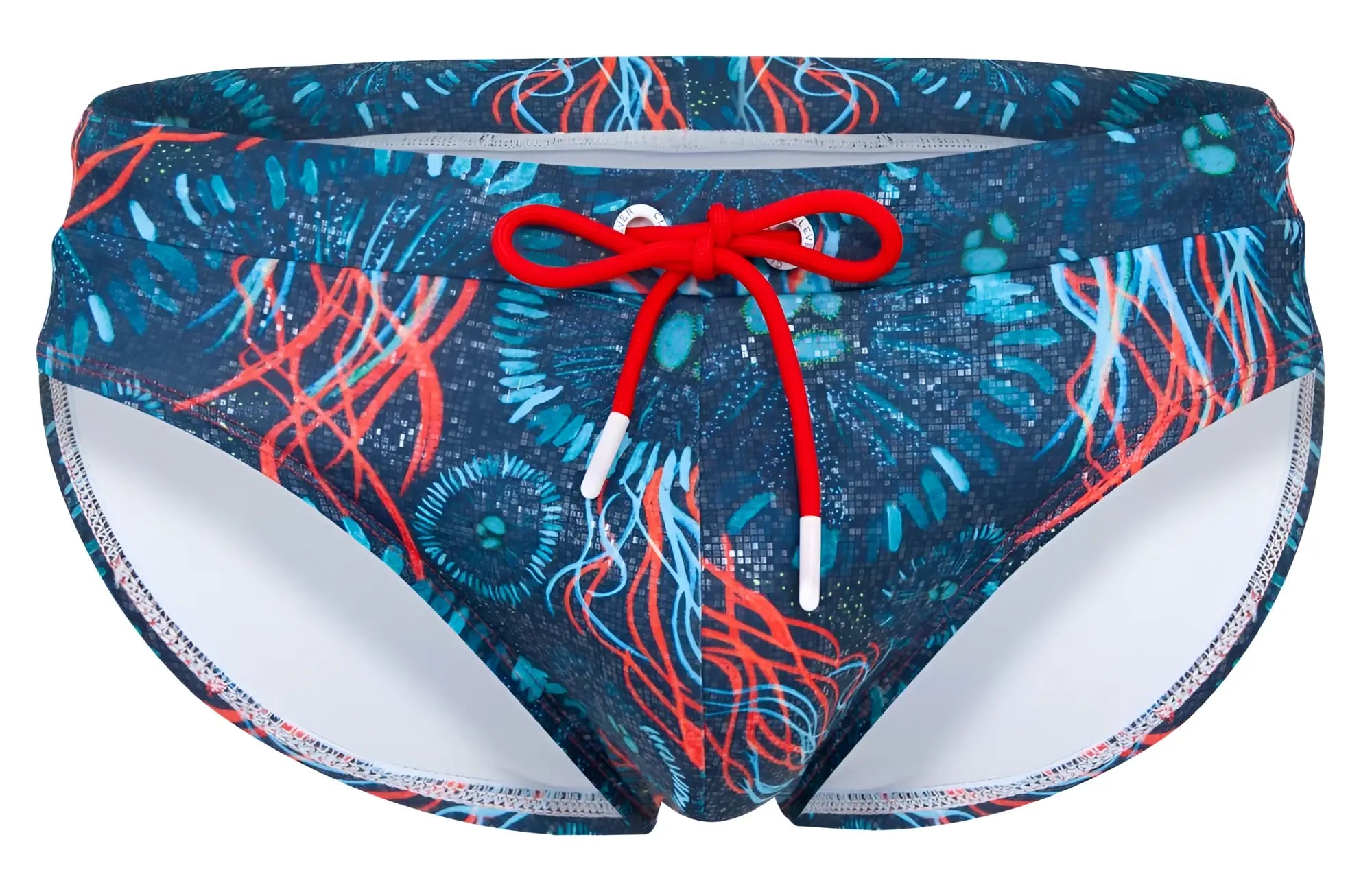 Clever 2066 malpelo swim briefs in dark blue with blue and red jellyfish pattern and bright red drawstring waistband