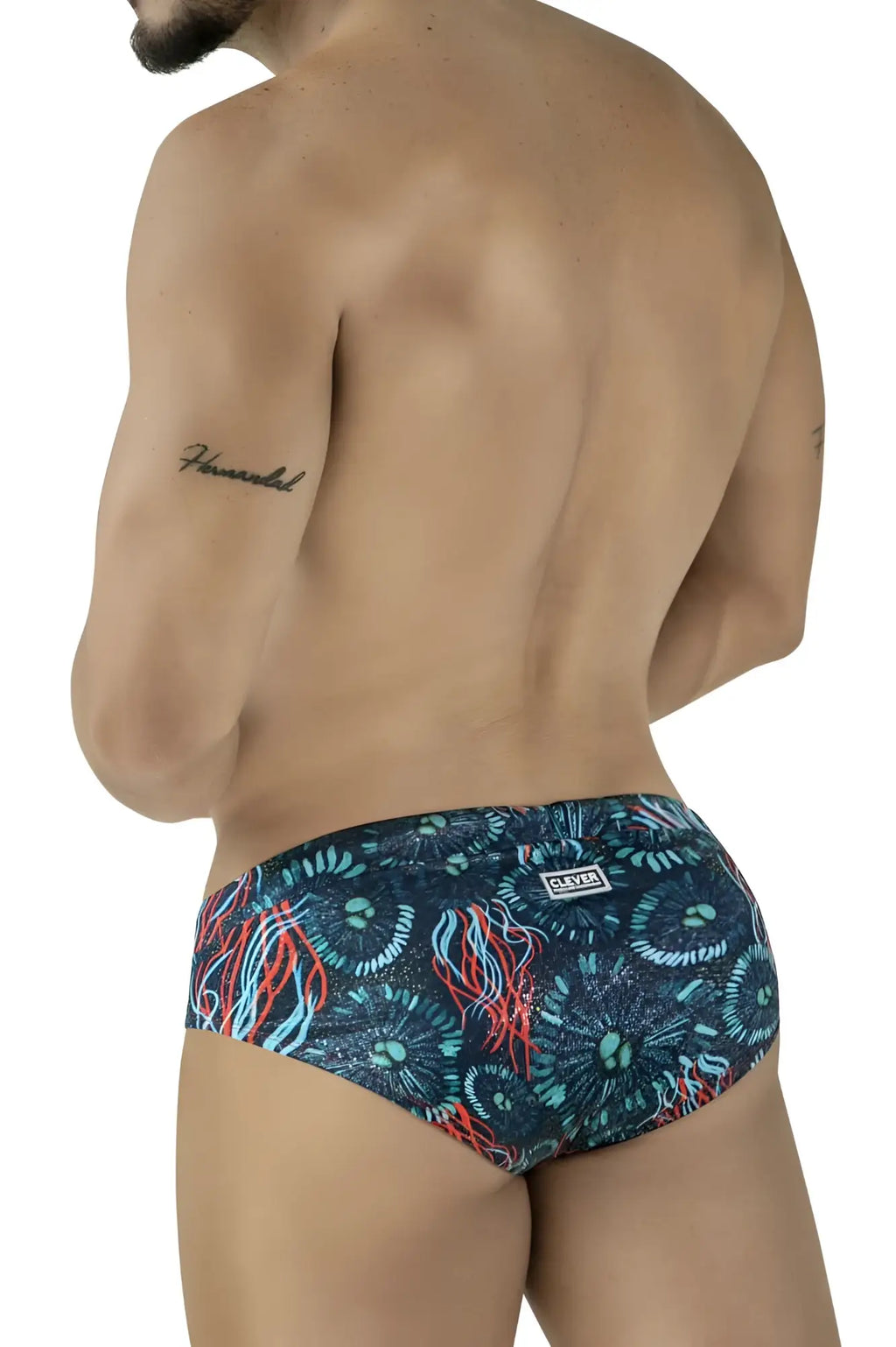 Dark blue clever 2066 malpelo swim briefs with red and teal jellyfish pattern and oliver brand waistband