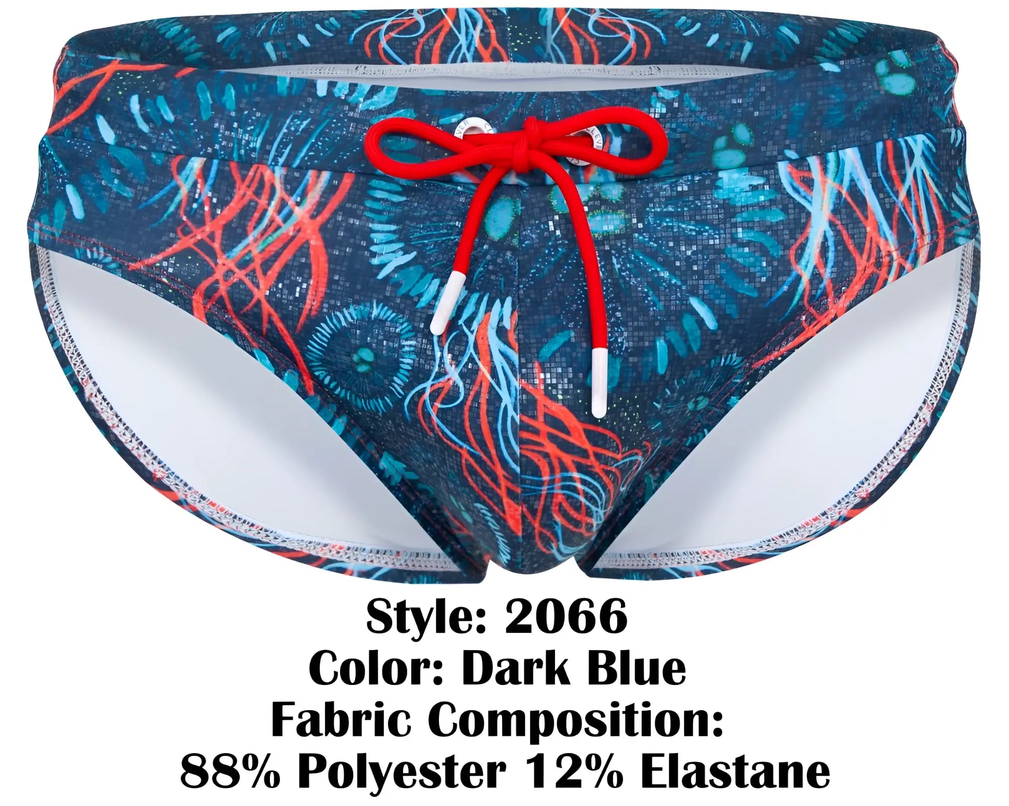 Dark blue clever 2066 malpelo swim briefs with red and teal jellyfish pattern and bright red drawstring
