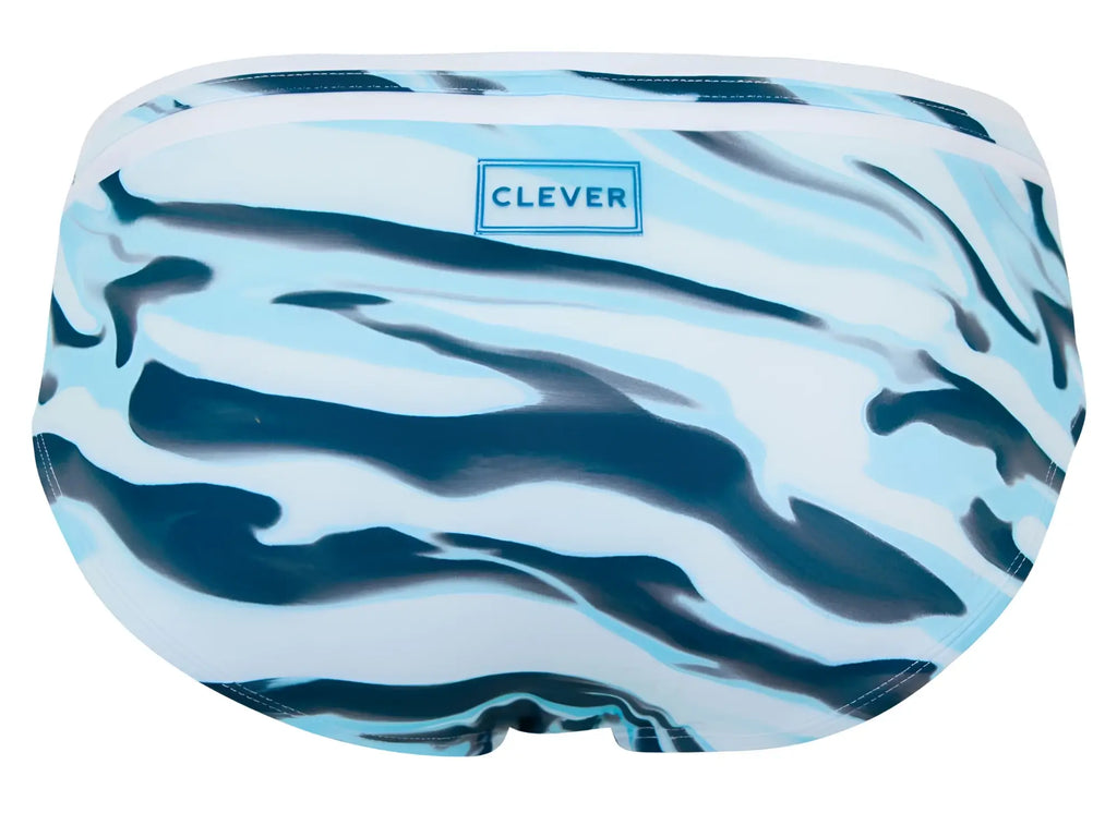 Clever 2067 Baru swim briefs in blue with bold white zebra stripes and a subtle gradient for men