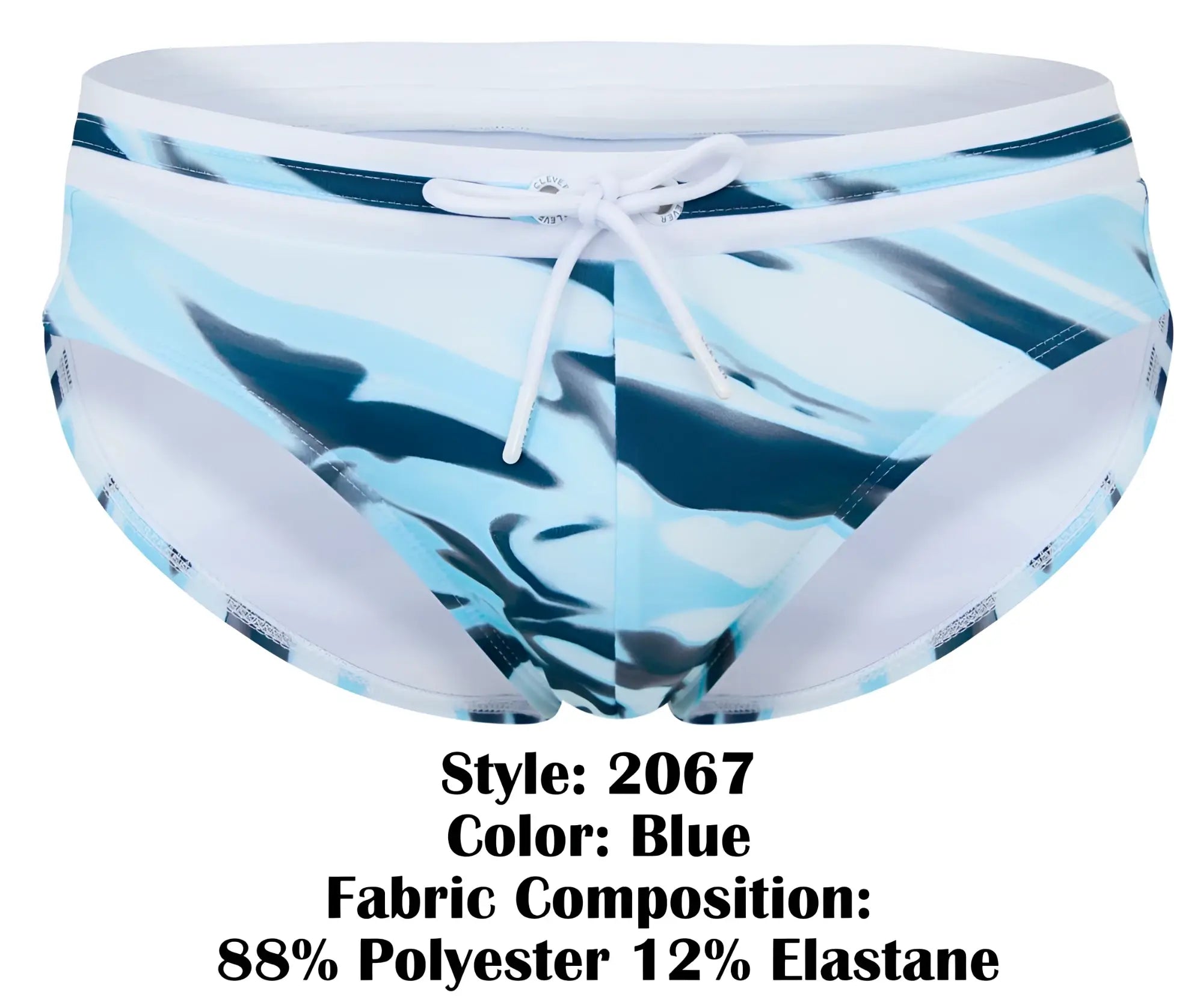Clever 2067 baru swim briefs in blue with a white drawstring waistband and side panels featuring a blue pattern