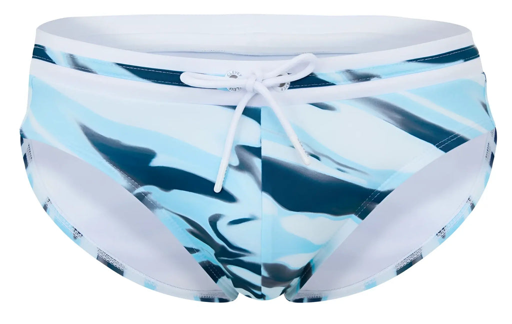 Clever 2067 baru swim briefs in blue with white camouflage pattern and white drawstring waistband for swimming