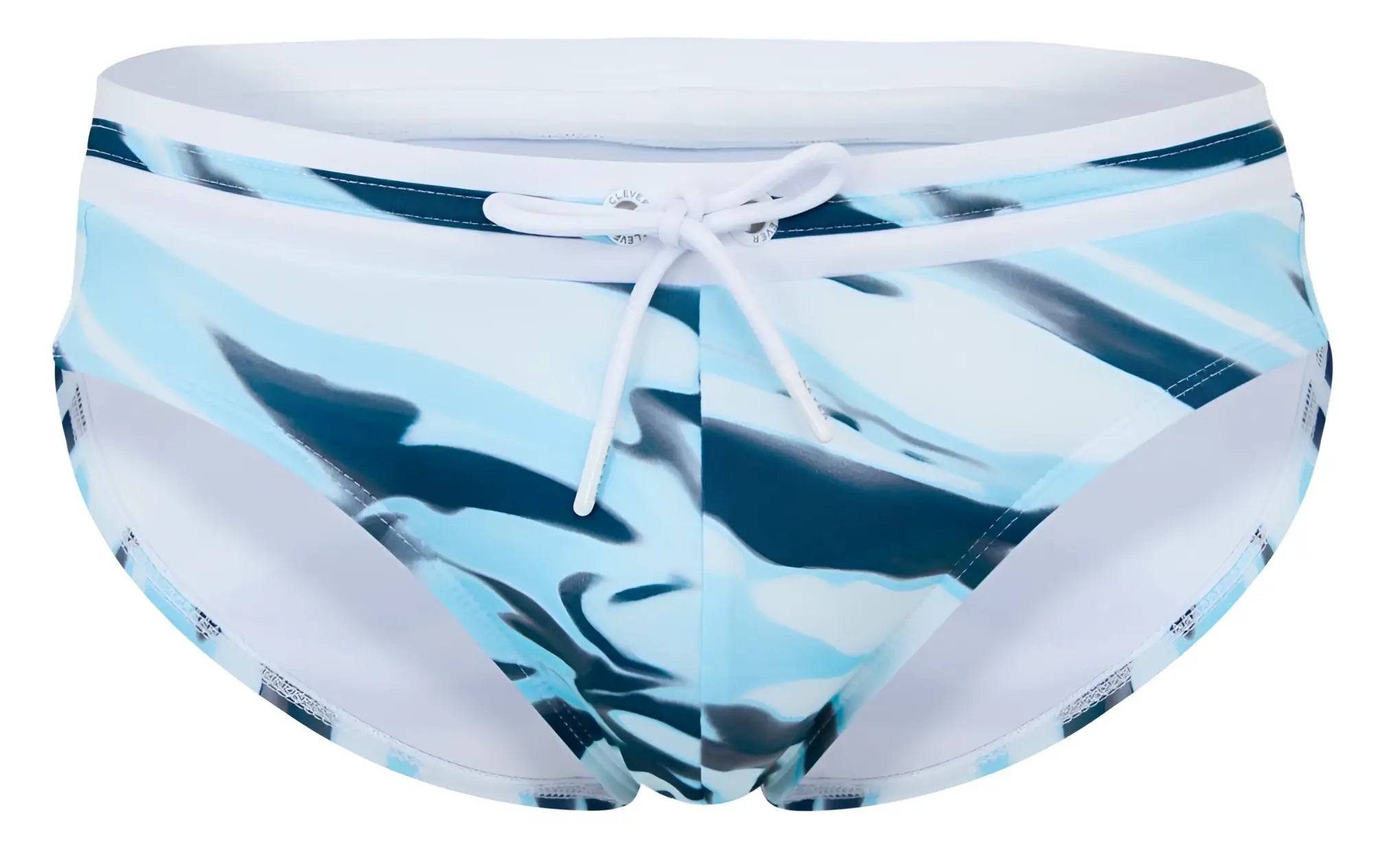 Clever 2067 baru swim briefs in blue with white camouflage pattern and white drawstring waistband for swimming