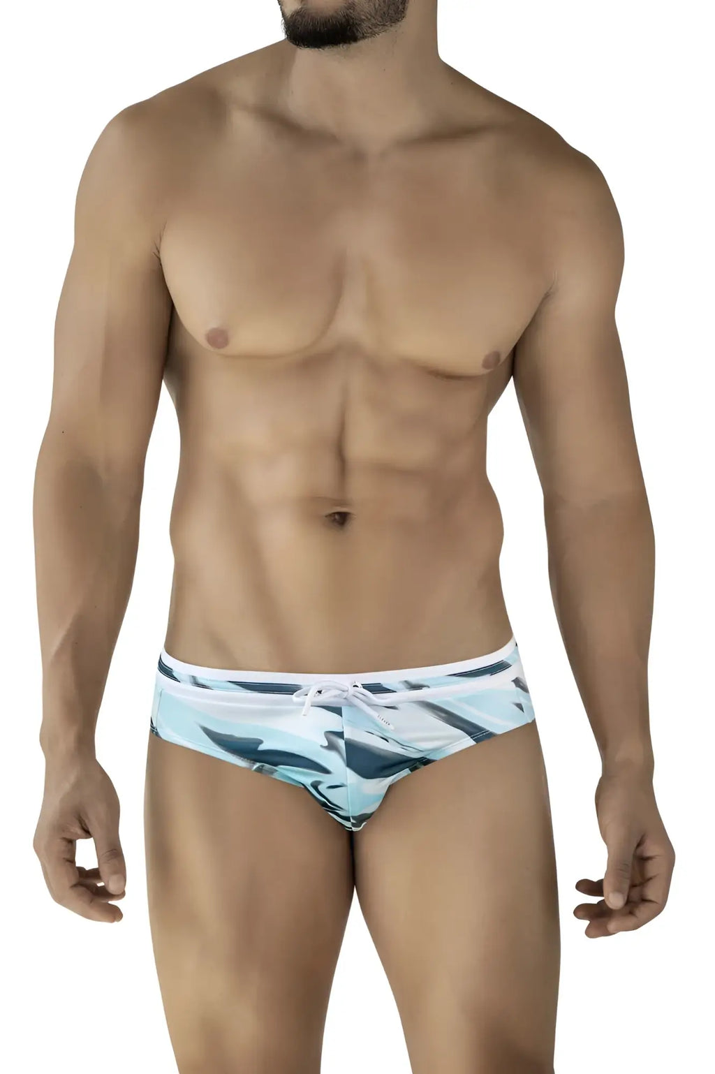 Blue and white patterned clever 2067 baru swim briefs with a drawstring waistband for swimwear use