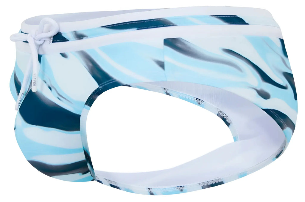 Clever 2067 baru swim briefs in blue featuring blue and white patterned fabric with a drawstring waistband