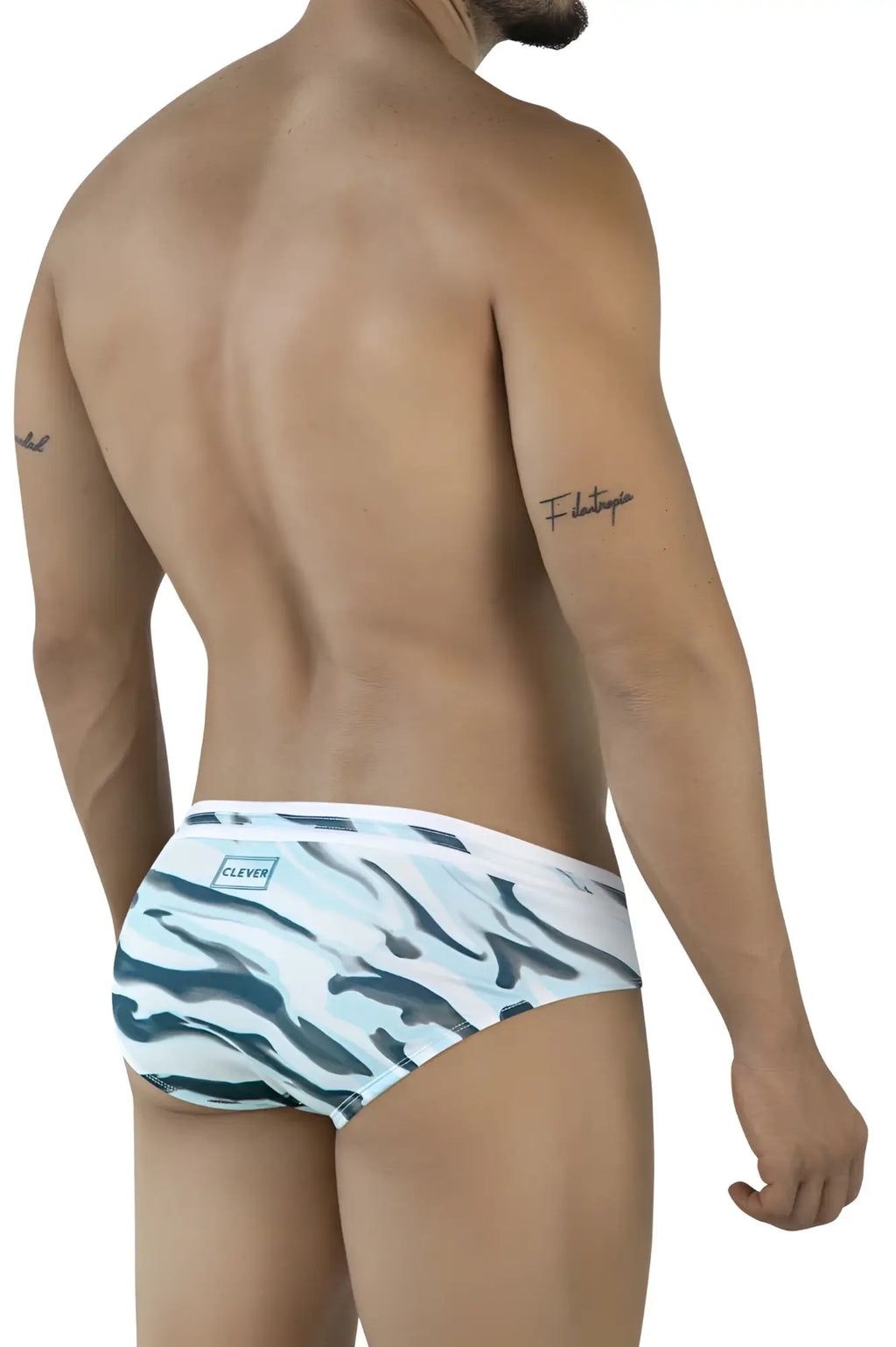 White and teal zebra-striped clever 2067 baru swim briefs for men with branded waistband in blue color