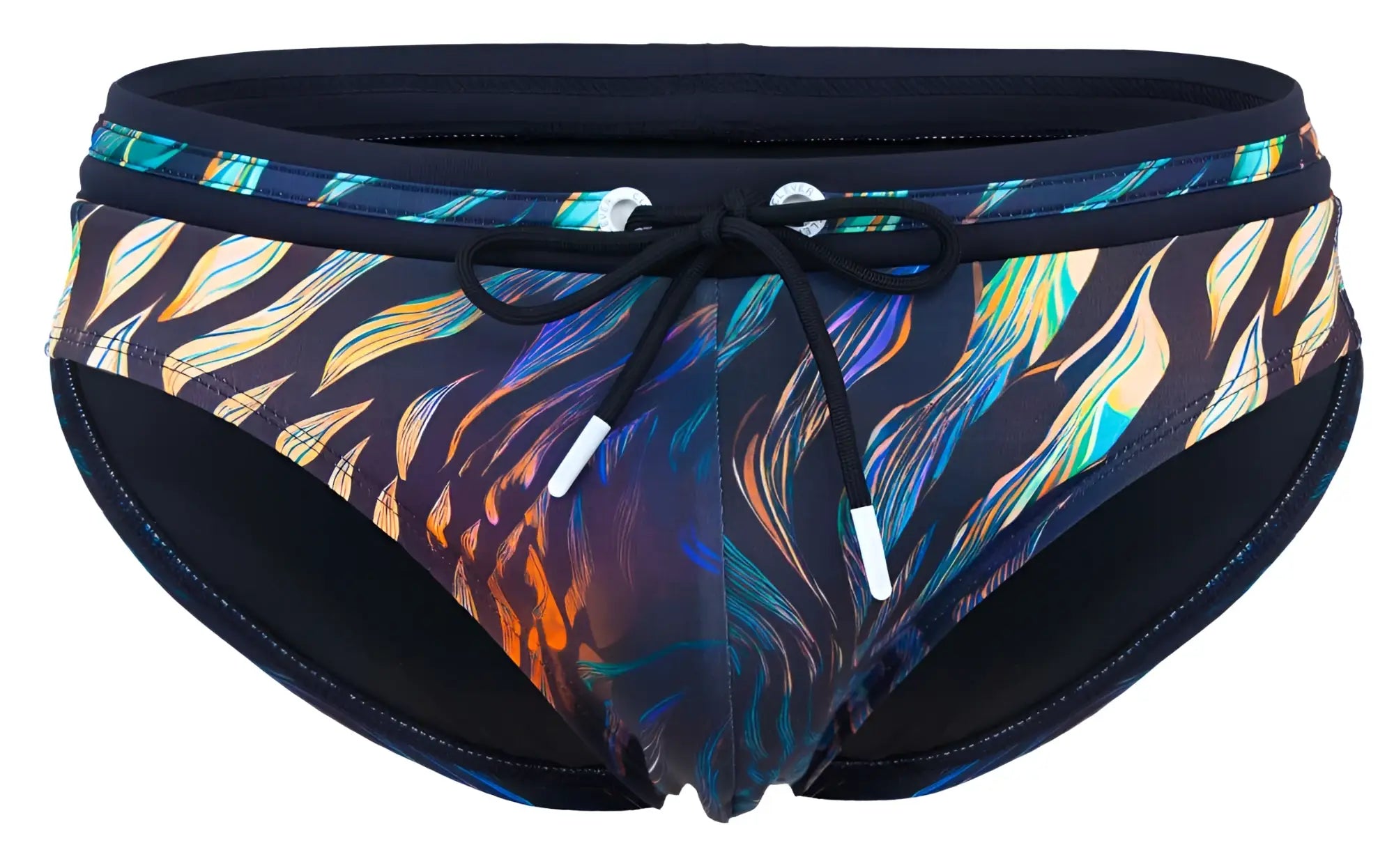 Clever 2068 Tumaco swim briefs in black with vibrant blue green orange purple flame pattern and white drawstrings