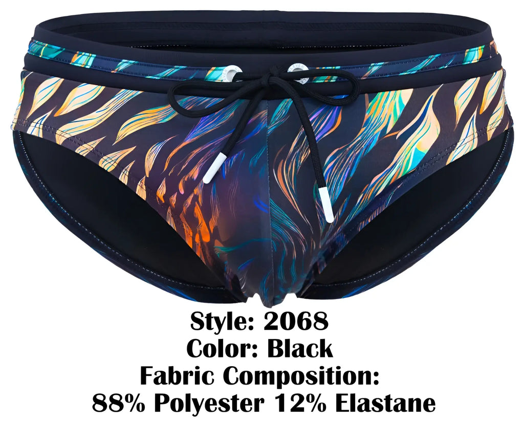 Clever 2068 tumaco swim briefs black with vibrant iridescent blue green orange and purple feather pattern