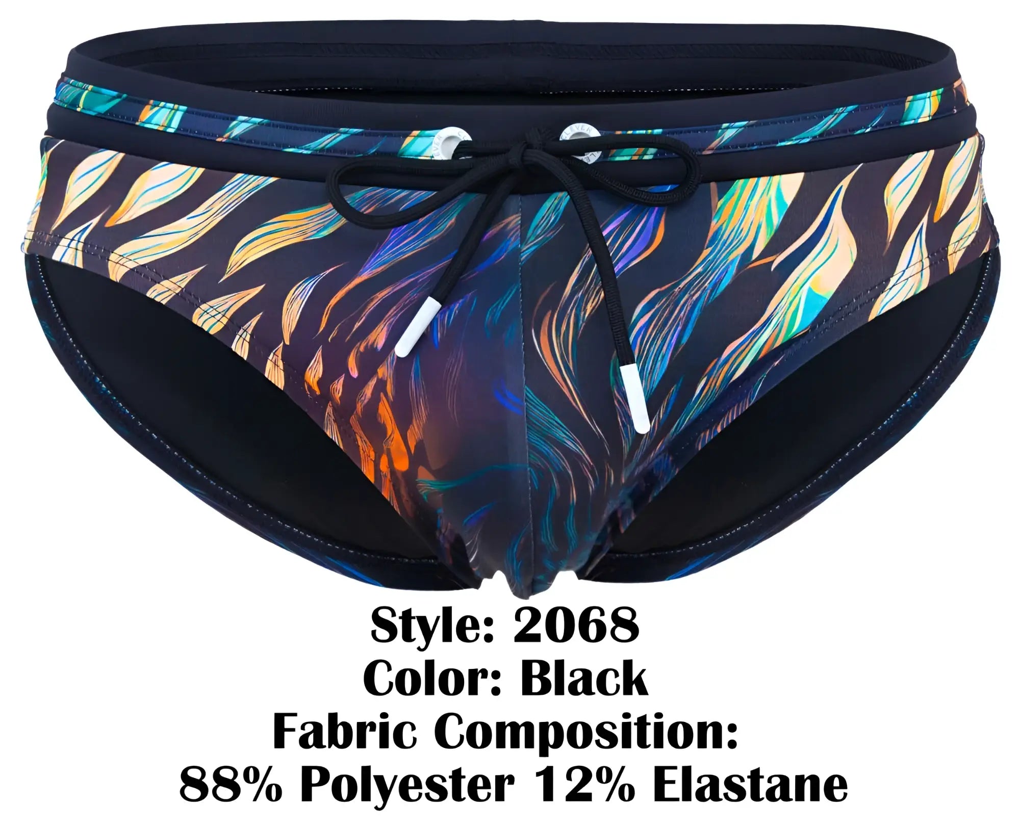 Clever 2068 tumaco swim briefs black with vibrant iridescent blue green orange and purple feather pattern
