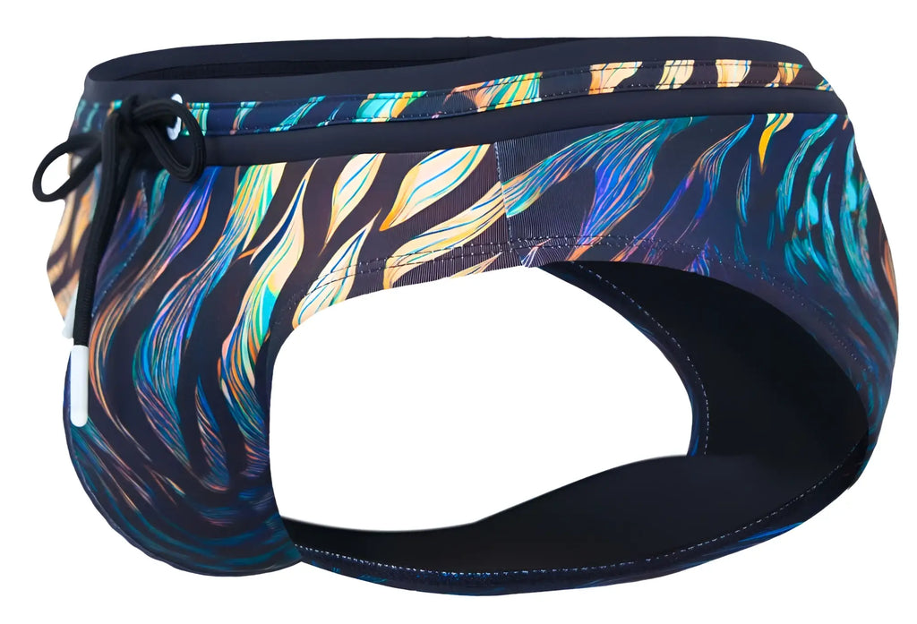 Clever 2068 tumaco swim briefs in black featuring navy blue iridescent feather-patterned fabric with black drawstring waistband