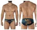 Clever 2068 Tumaco swim briefs in black feature vibrant iridescent zebra stripes with a rainbow gradient and black waistband